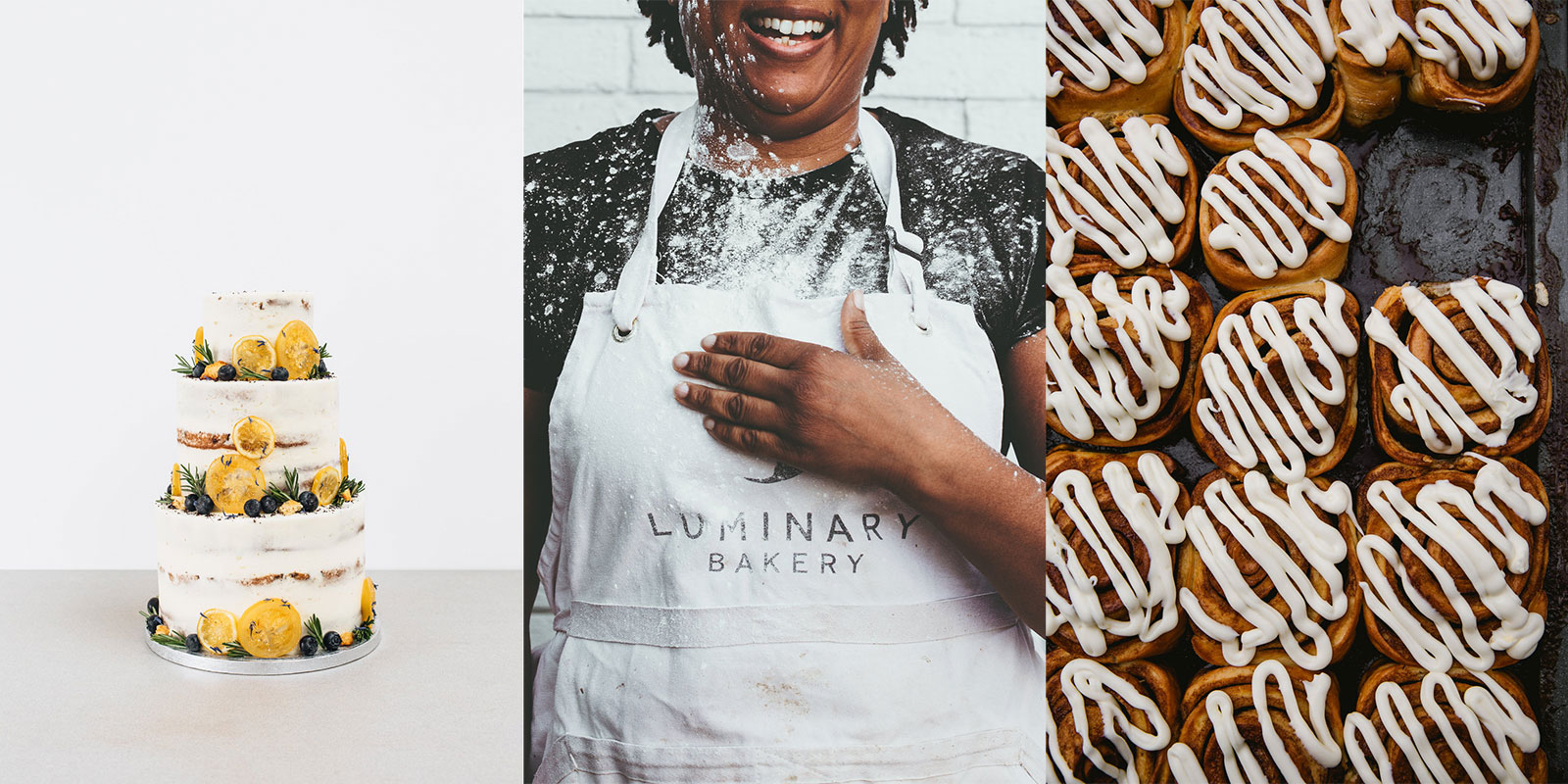 Luminary Bakery montage showing a wedding cake, baker wearing apron, close up of cakes.